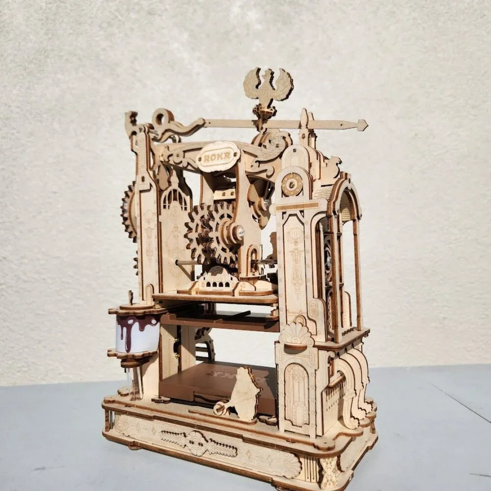Printing Press Mechanical Model Decor Wood Wooden STEM Display A Real working Me
